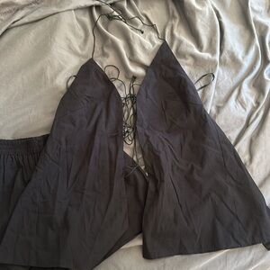 BLACK LINEN SHORTS AND HALTER TIE BLACK TOP